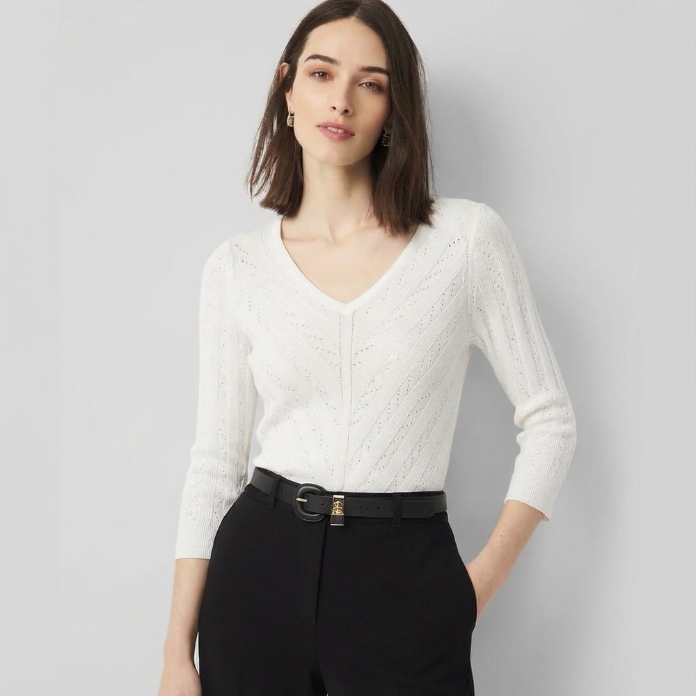 White House Black Market White V-Neck Sweater